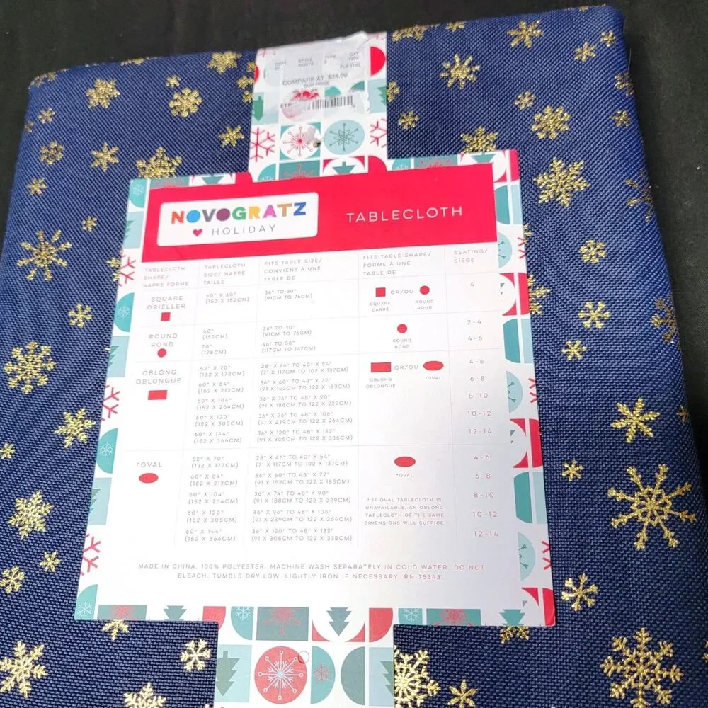 Novogratz Holiday Tablecloth Blue Gold Metallic Snowflakes 60x104 Oblong NIP NWT